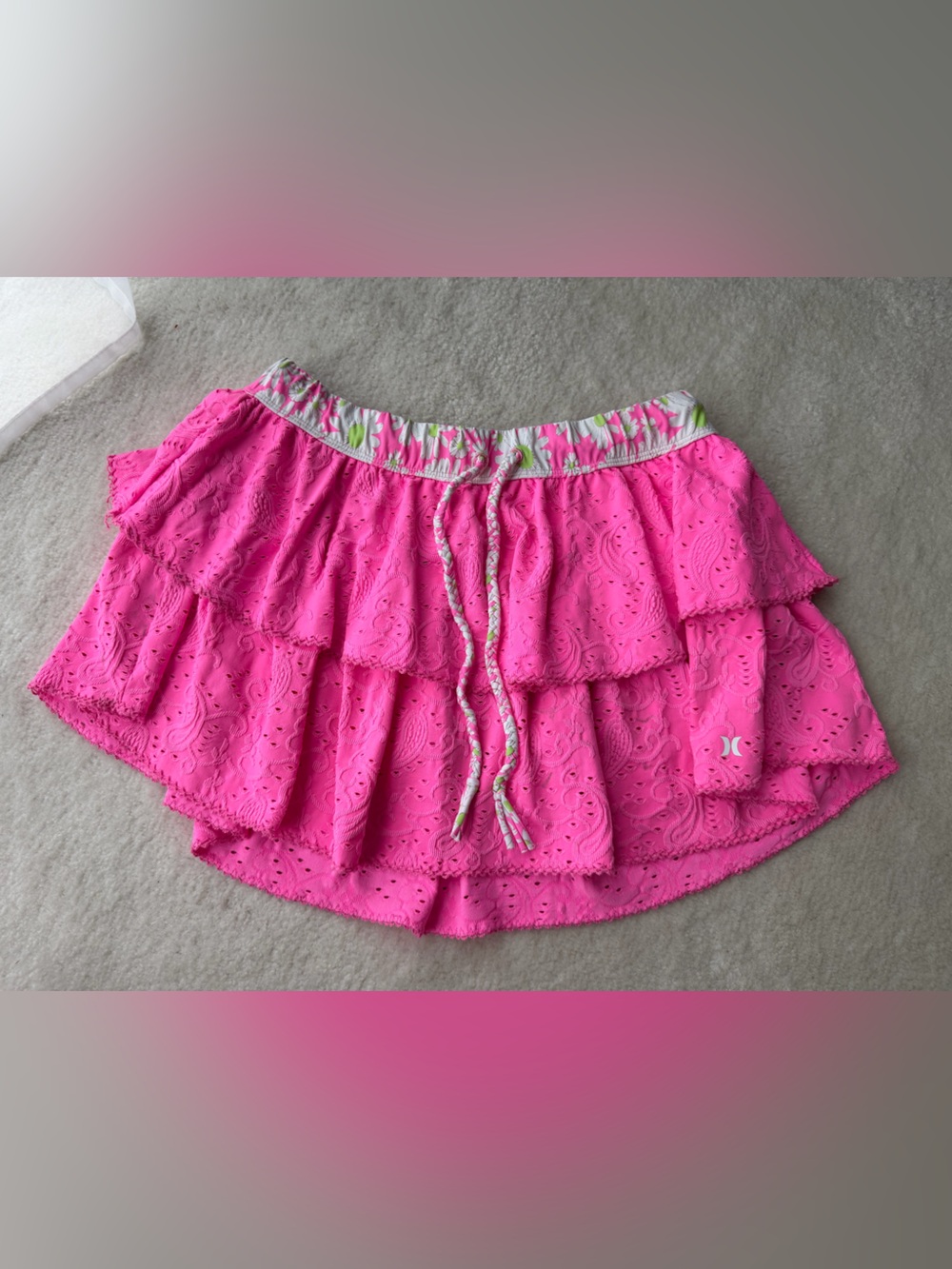LoveShackFancy x Hurley Bright Pink Eyelet Tiered Mini Skirt